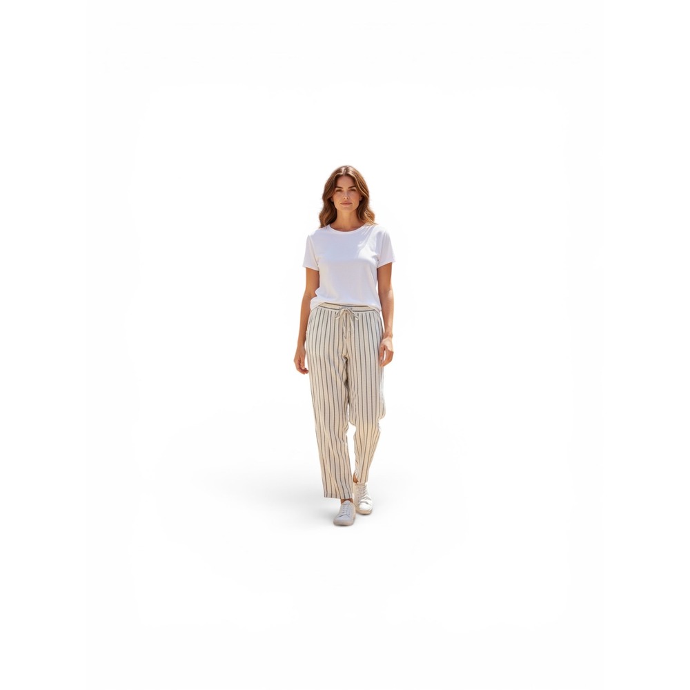 Ellen Tracy Womens XL Linen Blend Striped‎ Drawstring Pants Ivory Navy Relaxed